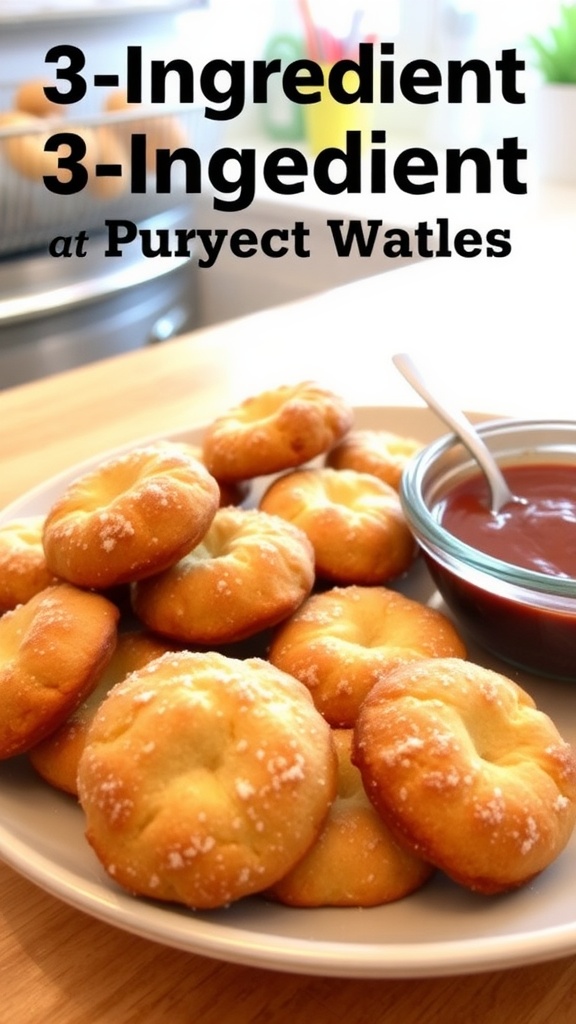 A plate of golden brown 3-ingredient baked snacks with powdered sugar, on a bright kitchen table.